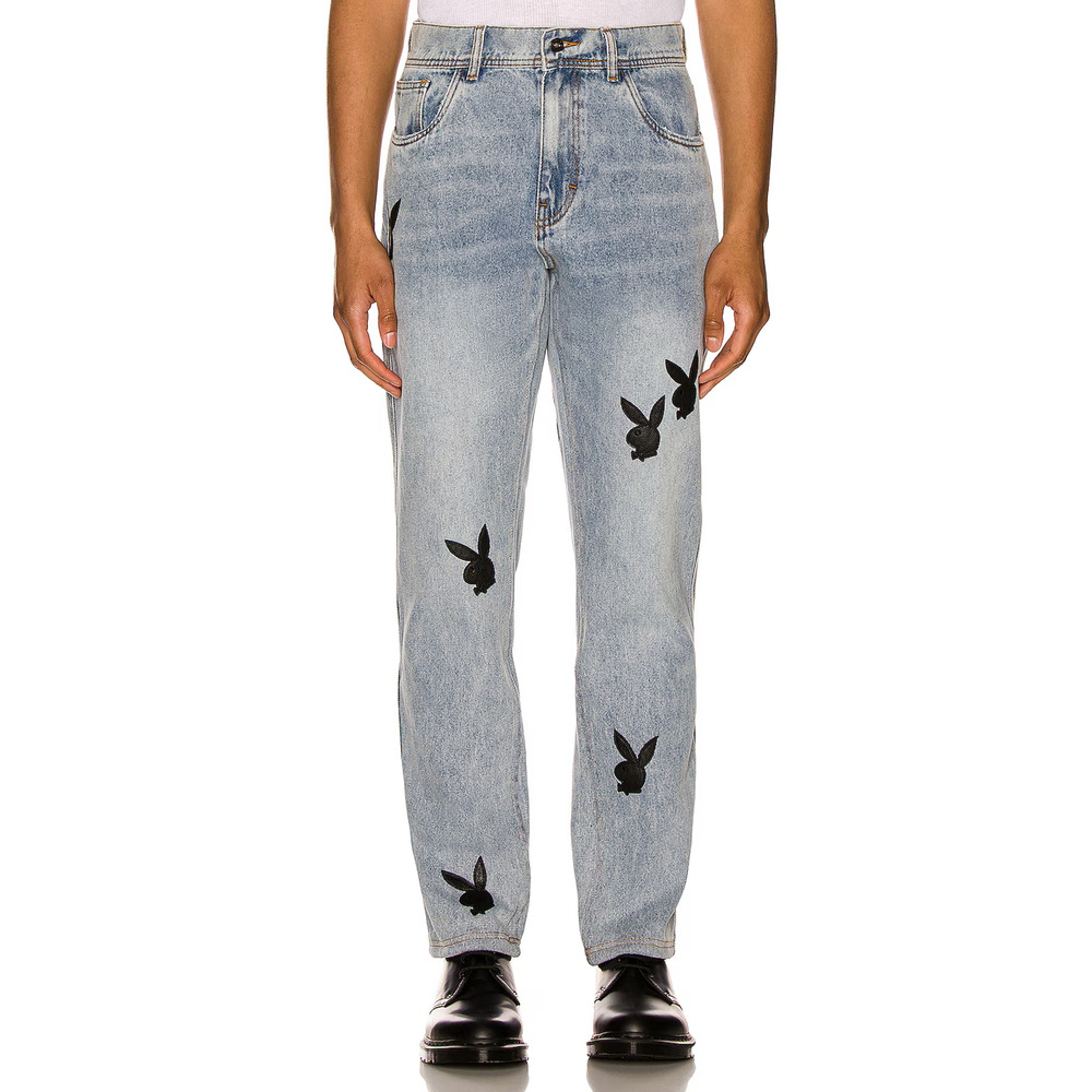 Playboy X Pleasures Black Leather Bunny Applique Denim Jeans Men’s Size 28 RARE - Picture 2 of 13